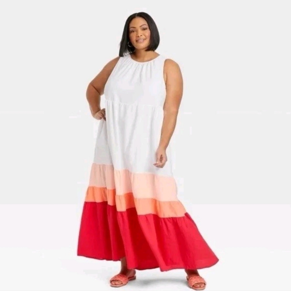 Ava & Viv Dress Sleeveless Colorblock Maxi Flowy Tiered Boho Beach Resortwear 2X